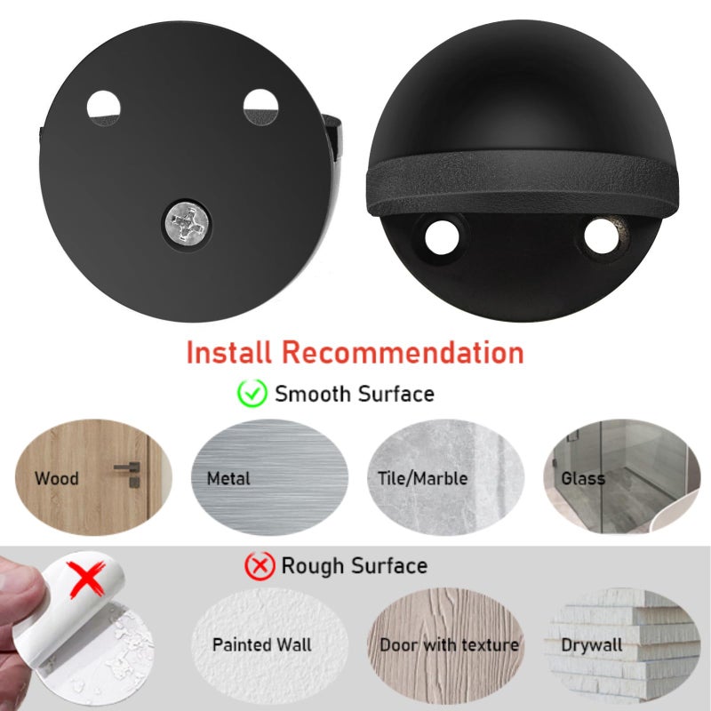 Gudui Door Stop, Adhesive Floor Door Stopper for Bottom of Door Stainless Steel No Drill Door Stoppers Wall Protector Rubber Bumper, 2 Pack Floor Mounted Door Stops, Black - Image 4